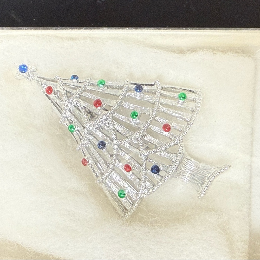 Vintage Gerry's‎ Christmas Tree Brooch Blue Rhinestone Star Enamel Silver Tone